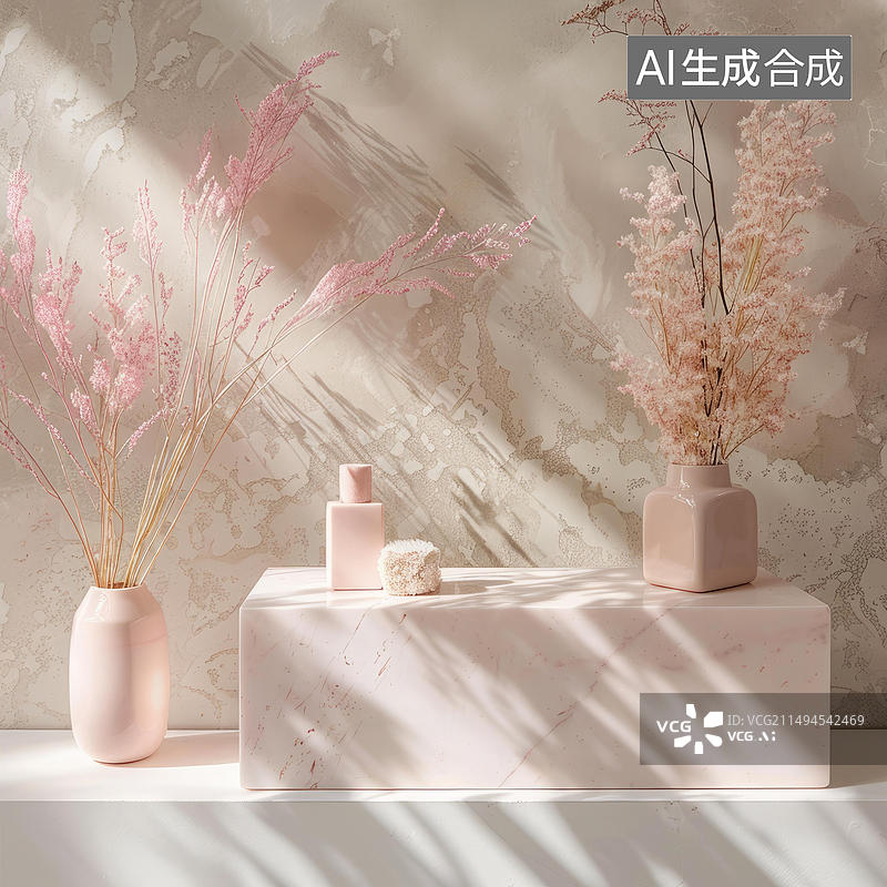【AI数字艺术】干花与粉色大理石台与粉色背景图片素材