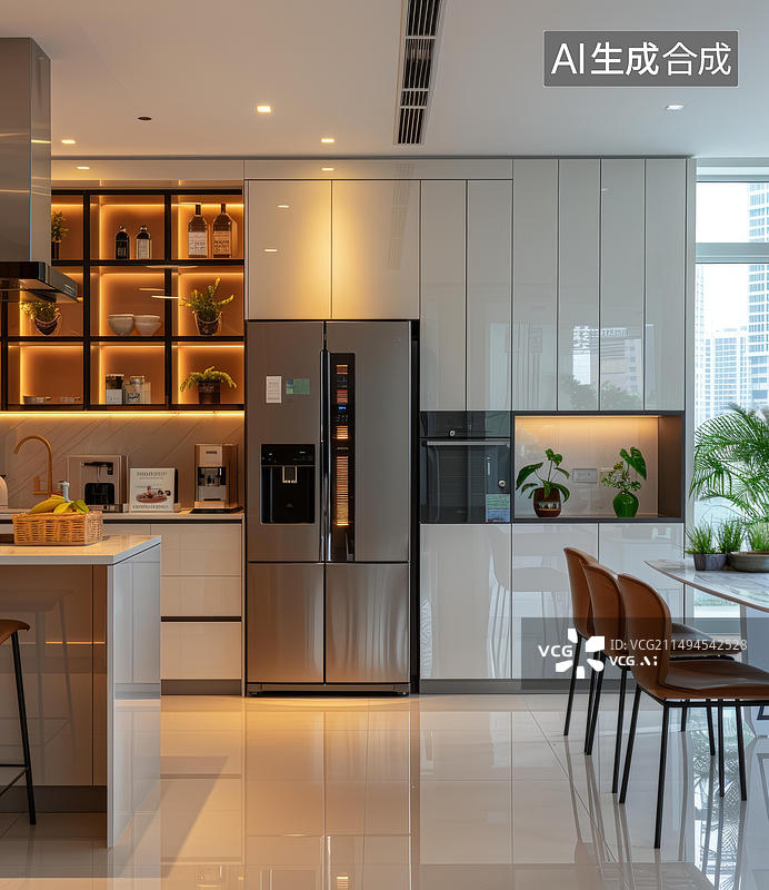 【AI数字艺术】现代厨房设计配有不锈钢电器和白色橱柜图片素材