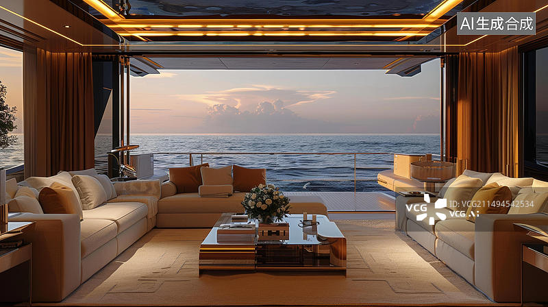 【AI数字艺术】豪华游艇内部设计客厅落地窗可以看到大海图片素材
