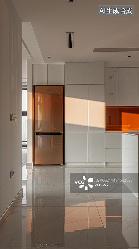 【AI数字艺术】阳光透过窗户照进一个带橙色点缀的现代厨房图片素材