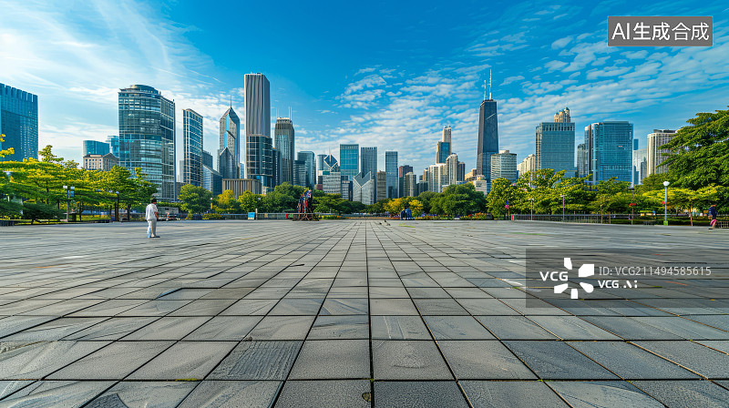 【AI数字艺术】空荡荡的广场地板，城市天际线背景，社区中心扩建，下午，高架观点，公共风格图片素材