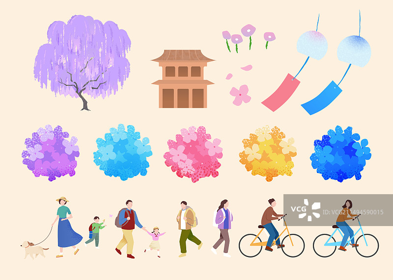 手绘唯美花朵建筑与人物出游元素集合图片素材