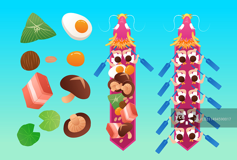 端午节划龙舟与粽子食材俯视图元素集合图片素材