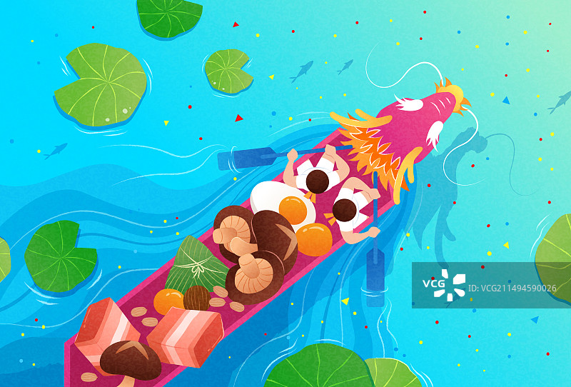 喜庆端午节俯视图 划龙舟的选手与食材运送图片素材