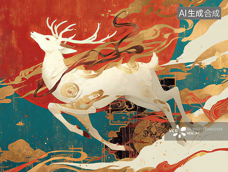 【AI数字艺术】国潮敦煌插画莫高窟城市印象九色鹿神图片素材