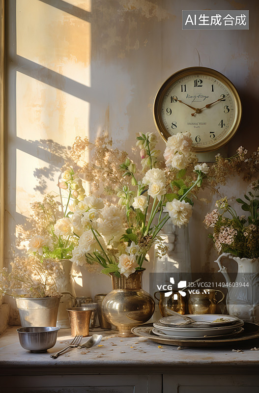 【AI数字艺术】家里桌子上的花瓶和闹钟特写镜头图片素材