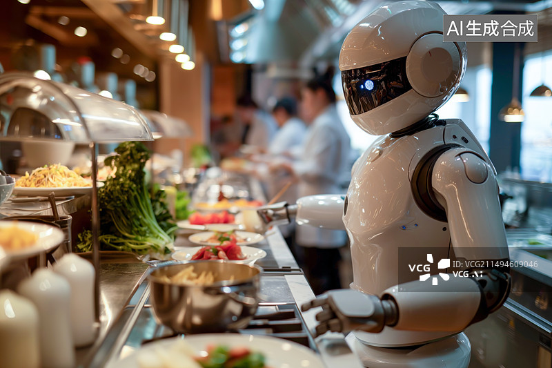 【AI数字艺术】正在厨房做饭的人工智能机器人图片素材