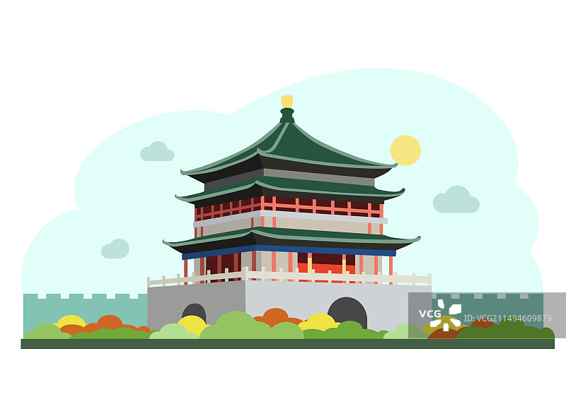 西安钟楼城墙古建筑扁平色块插画图片素材