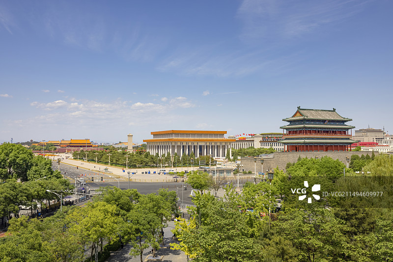 夏天蓝天白云下北京中轴线天安门广场前门毛主席纪念堂故宫博物院建筑群图片素材