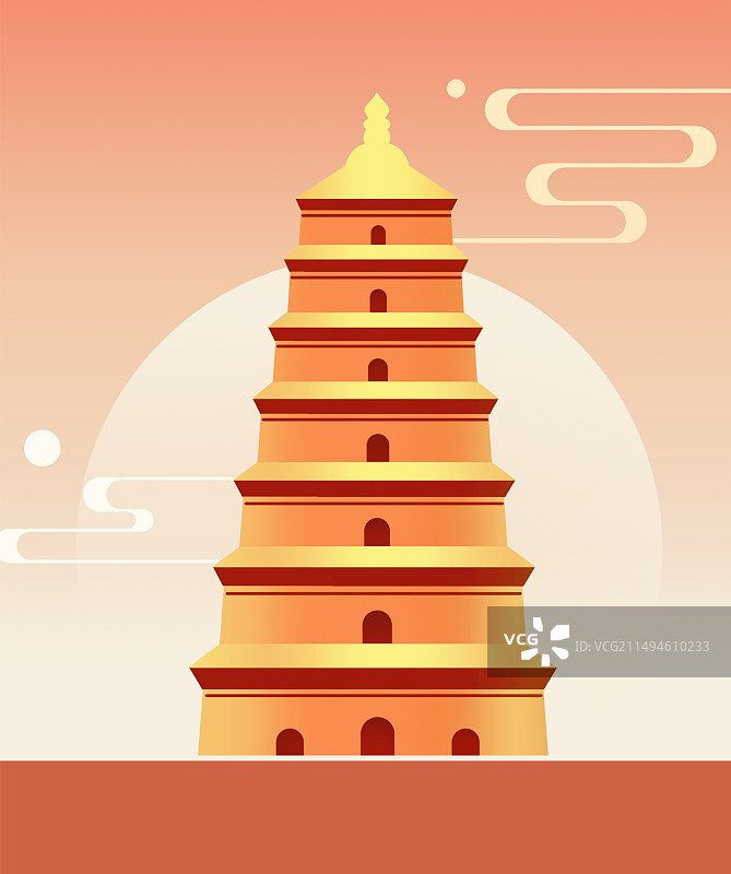 弥散风暖色调西安大雁塔特写插画图片素材