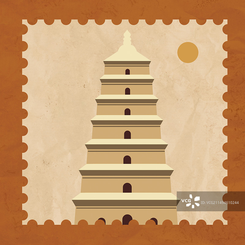 邮票造型复古西安大雁塔古建筑特写插画图片素材