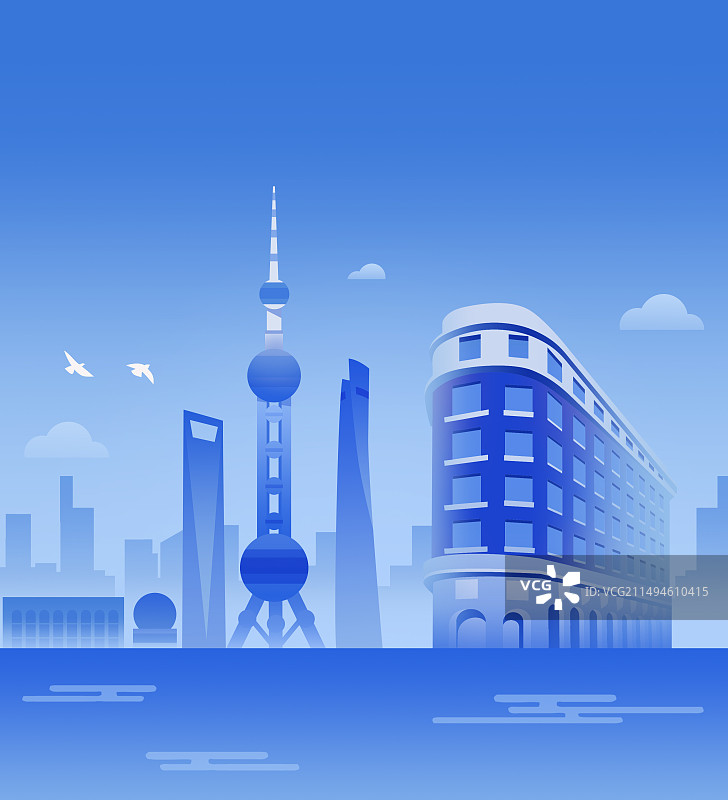 上海特色知名标志性建筑蓝色渐变扁平图片素材