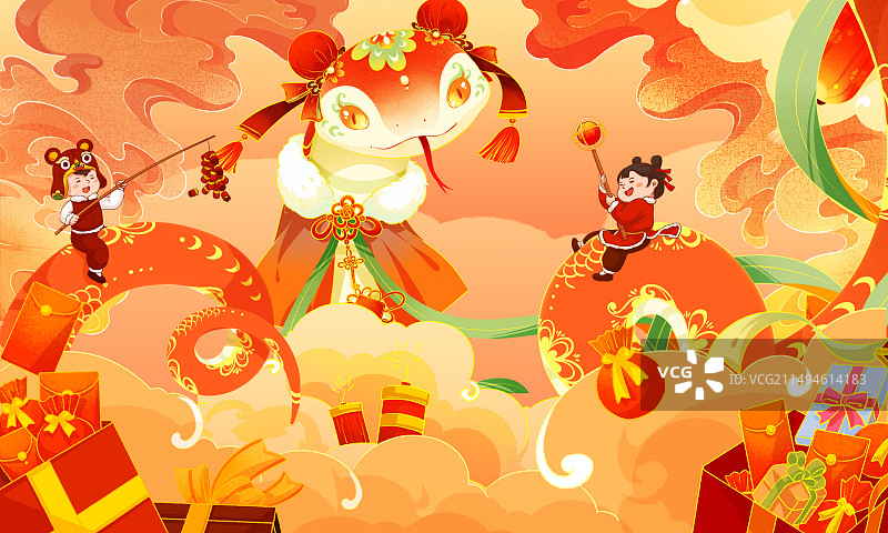 可爱灵动中国风蛇年红色新年插画图片素材