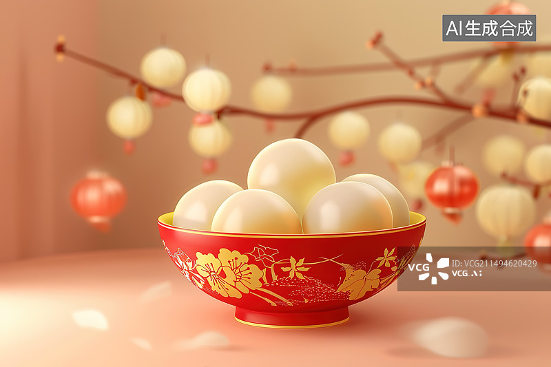 【AI数字艺术】梅花和灯笼背景下一碗汤圆图片素材