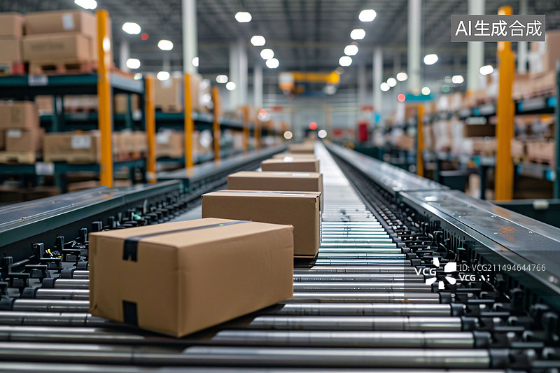 【AI数字艺术】包裹纸箱包装仓库传送带电子商务物流插图图片素材