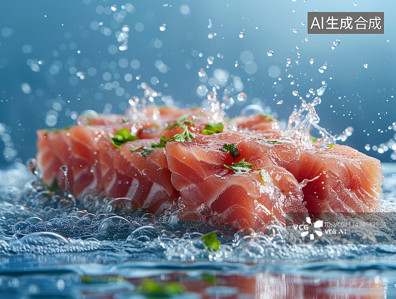 【AI数字艺术】水花四溅的新鲜金枪鱼肉图片素材
