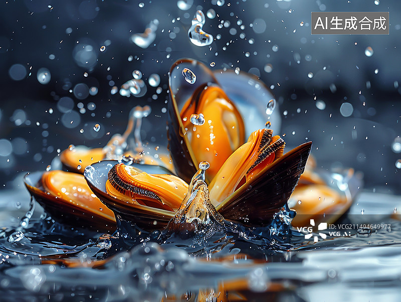 【AI数字艺术】水花四溅的新鲜青口贝图片素材
