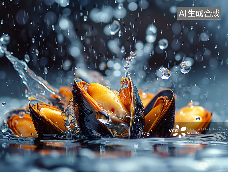 【AI数字艺术】水花四溅的新鲜青口贝图片素材