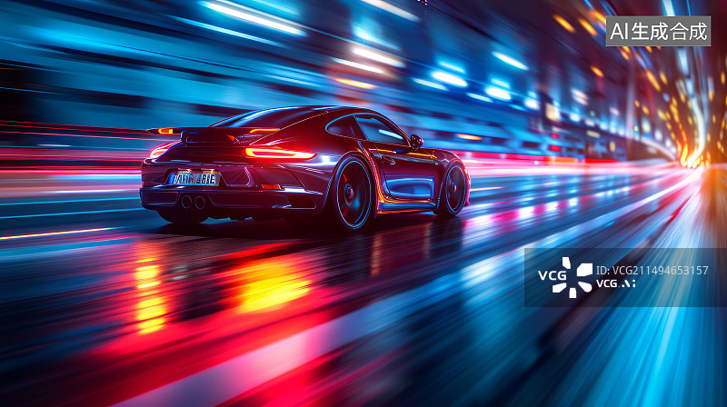 【AI数字艺术】侧面视角在城市夜晚高速行驶的红色汽车图片素材