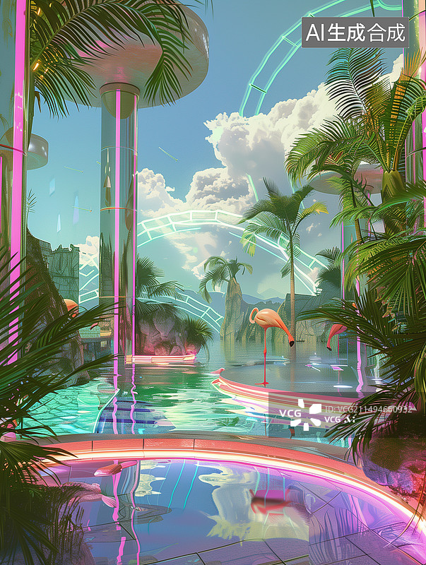 【AI数字艺术】电商 夏天 火焰鸟  泳池  椰子树图片素材