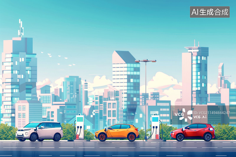 【AI数字艺术】城市中正在充电的新能源汽车图片素材