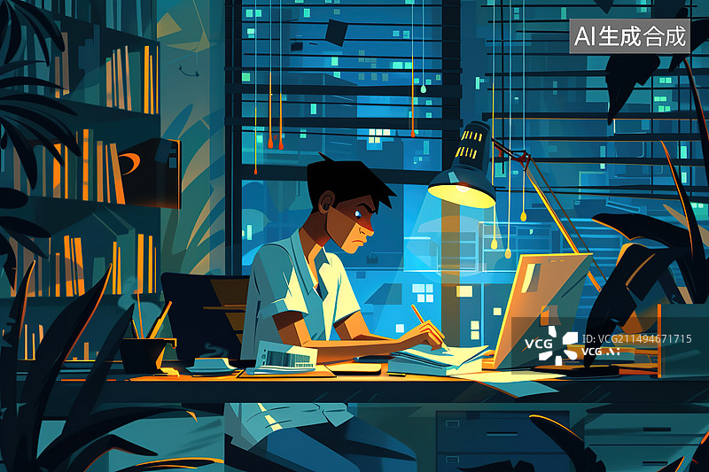 【AI数字艺术】年轻男性深夜加班工作插画图片素材
