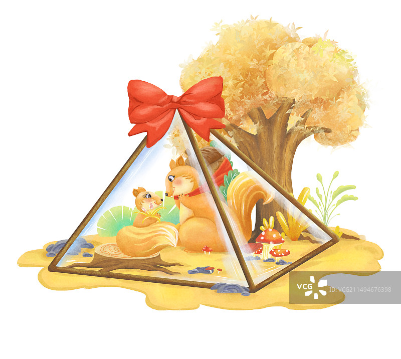 松鼠爱情恋爱秋天黄色松果枫叶玻璃罐蝴蝶结送礼物图片素材