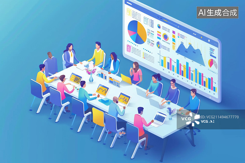 【AI数字艺术】办公室讨论-卡通形象的商务人士在会议图片素材