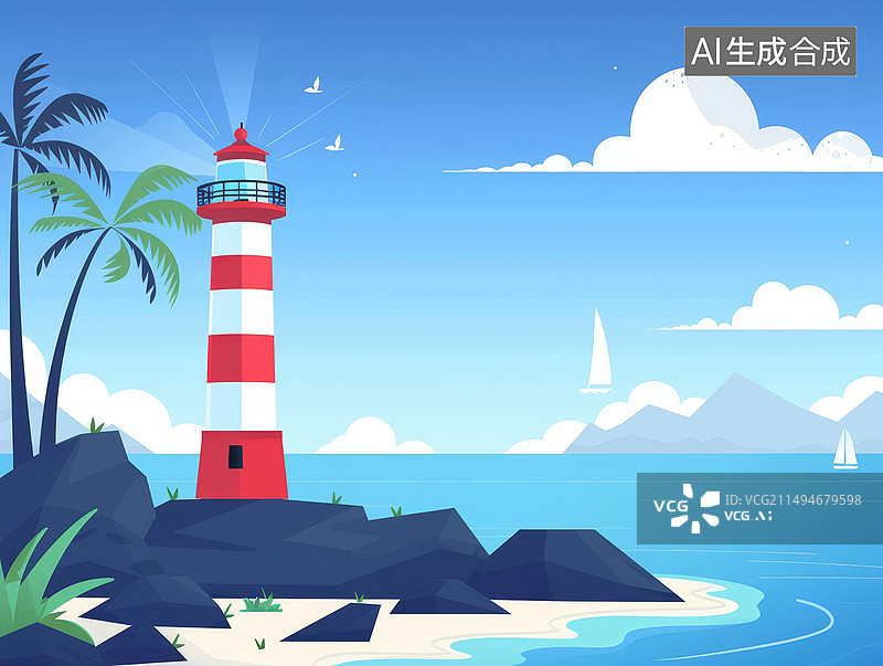 【AI数字艺术】海边的灯塔与海岸线图片素材