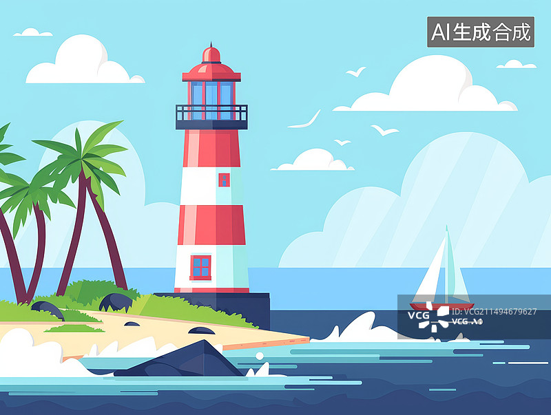 【AI数字艺术】海边的灯塔与海岸线图片素材