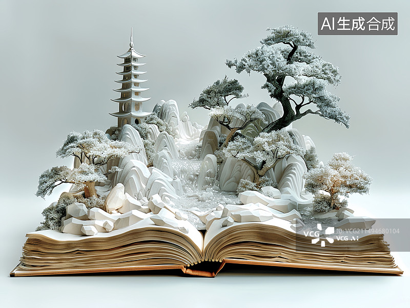 【AI数字艺术】国潮风书本冬天雪景山水风景立体剪纸图片素材
