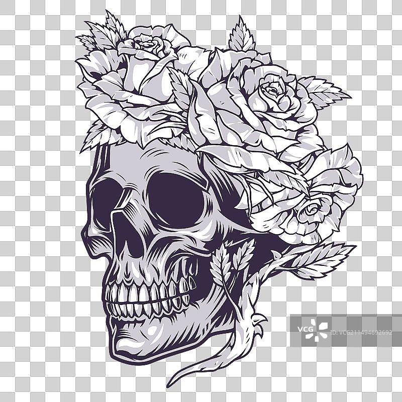单色骷髅鲜花元素图片素材