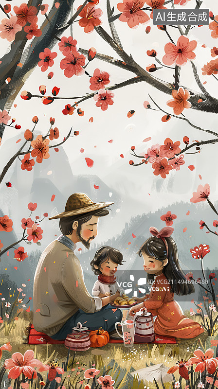 【AI数字艺术】母亲和女儿在公园里的植物上吃蛋糕图片素材