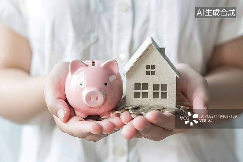 【AI数字艺术】举着存钱罐的女人的中间部分图片素材