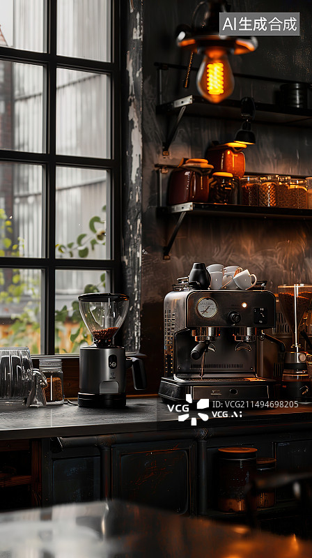 【AI数字艺术】咖啡馆浓缩咖啡机特写镜头图片素材