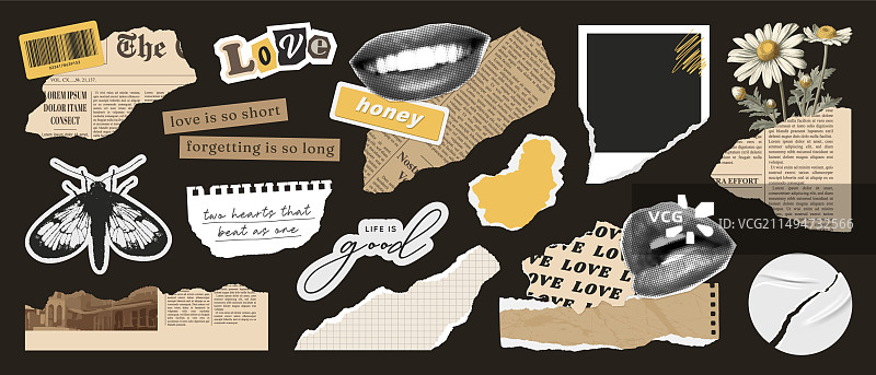 报纸拼贴撕裂纸张剪纸元素合集图片素材