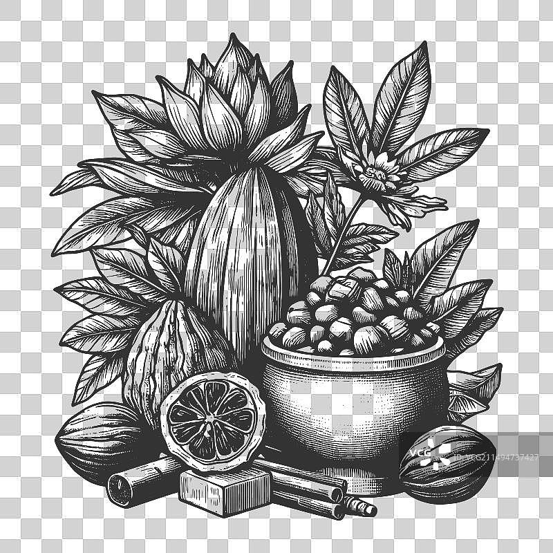 可可豆荚和巧克力棒素描图片素材