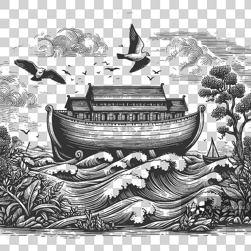 诺亚方舟雕刻素描图片素材