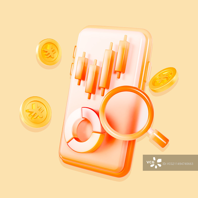 3D立体红金色渐变手机理财数据分析金融元素插画图片素材