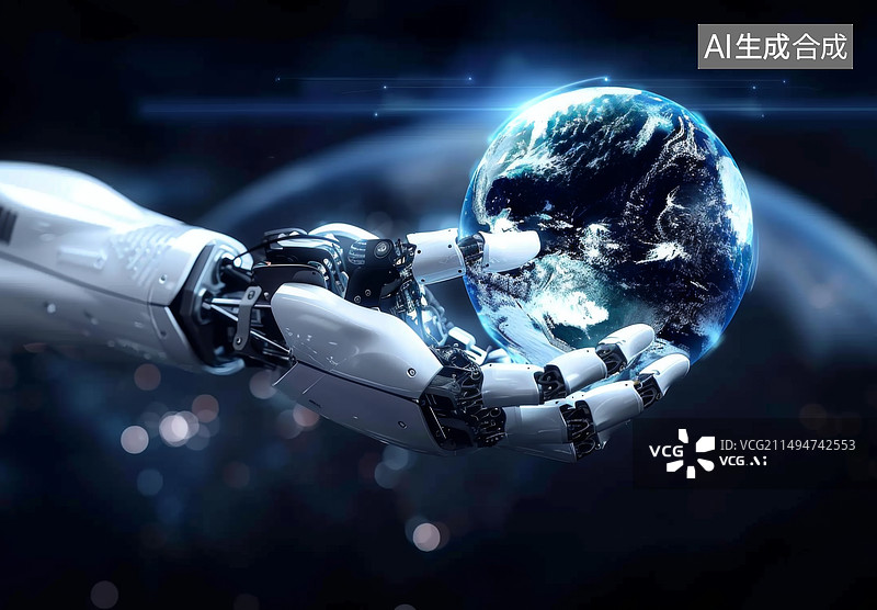 【AI数字艺术】机器人手捧地球科技插画图片素材