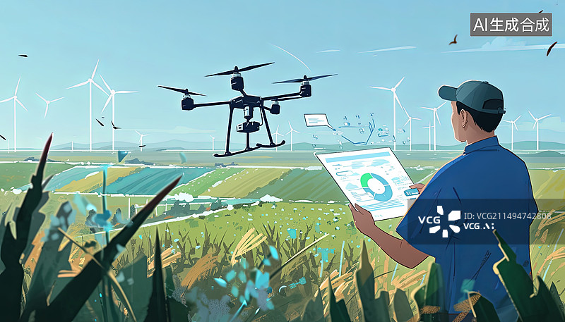 【AI数字艺术】无人机智慧农业农田乡村振兴插画图片素材