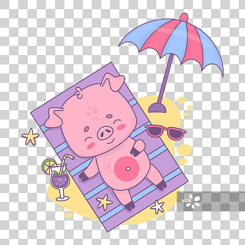 快乐的海滩小猪在棕榈树下享受日光浴图片素材