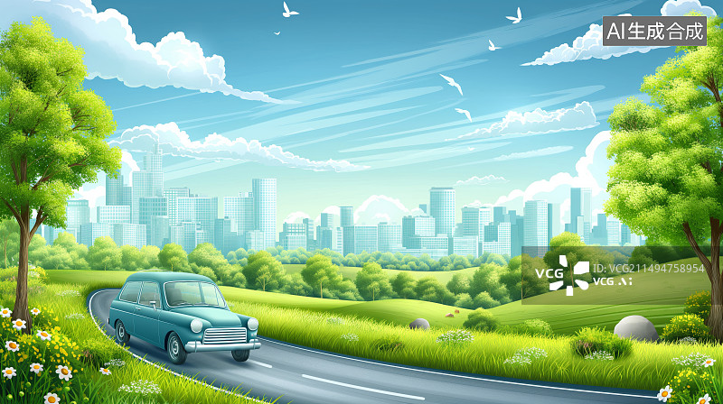 【AI数字艺术】一辆行驶在郊区道路上的自驾游车辆图片素材