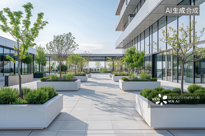【AI数字艺术】高档商务区办公楼下的户外休息地图片素材