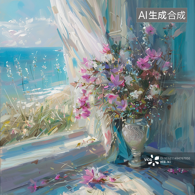 【AI数字艺术】油画度假小屋温馨海边环境花朵鲜艳笔刷质感素雅画作图片素材