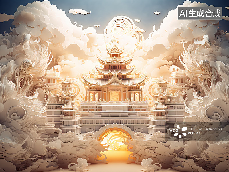 【AI数字艺术】传统建筑宫殿的剪纸艺术模型图片图片素材