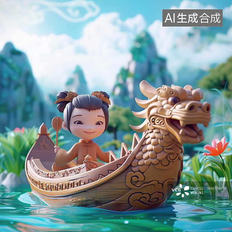 【AI数字艺术】端午节传统节日划龙舟手工模型粽子节图片素材