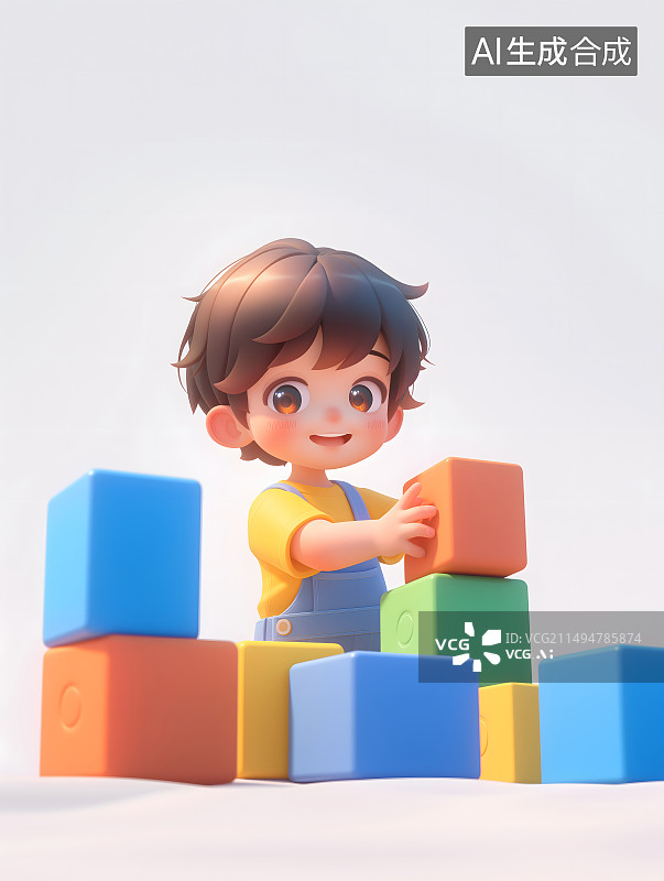 【AI数字艺术】3d卡通可爱的堆积木的亚洲男孩儿童插画元素图片素材