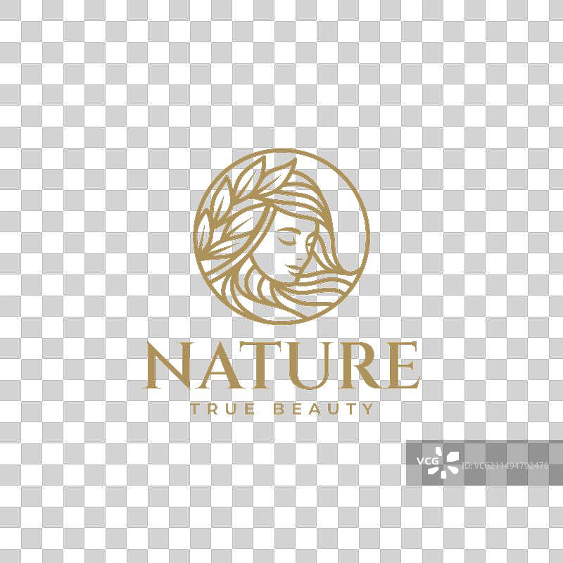 戴着树叶皇冠的漂亮女人线条艺术标志图片素材