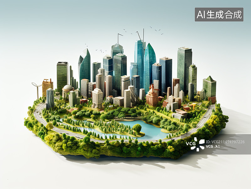 【AI数字艺术】港口城市建筑的微缩景观模型高角度视角图片素材